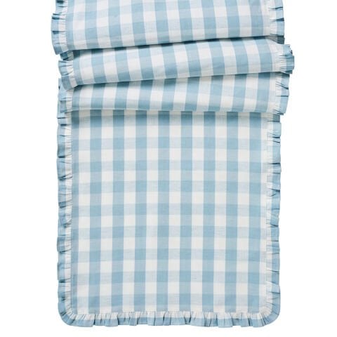 Gingham Ruffle 18'' x 90'' Table Runner - Ocean