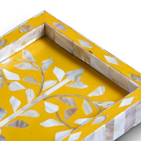 Yellow floral-patterned mother-of-pearl inlay tray