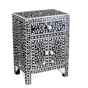 Black and white floral-patterned mother-of-pearl inlaid nightstand