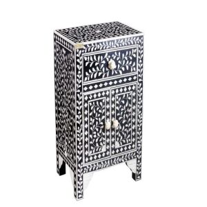 Black And White Floral Patterned Mother Of Pearl İnlaid Nightstand