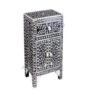Black And White Floral Patterned Mother Of Pearl İnlaid Nightstand