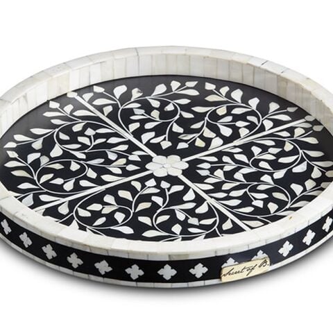 Black and white floral-patterned mother-of-pearl inlaid round tray
