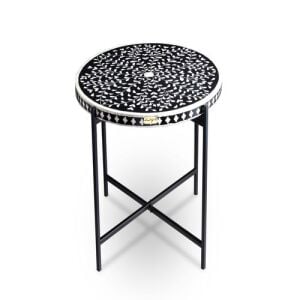 Black And White Floral Patterned Mother Of Pearl İnlaid Round Coffee Table With Metal Legs