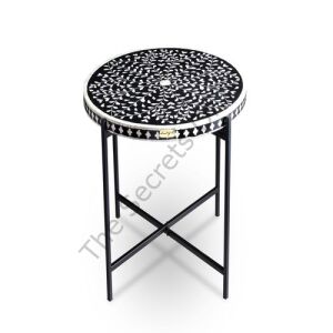 Black And White Floral Patterned Mother Of Pearl İnlaid Round Coffee Table With Metal Legs