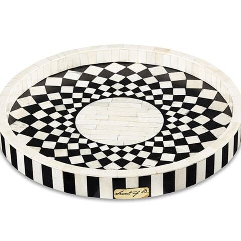 Round tray with black and white mosaic pattern