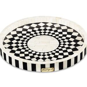 Round tray with black and white mosaic pattern