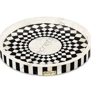 Round tray with black and white mosaic pattern