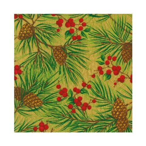 Evergreen And Berries Gold Luncheon Napkins - includes 20 Luncheon Napkins