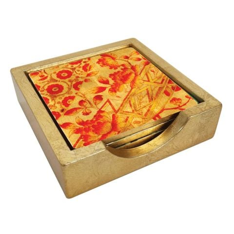 Gilded Porcelain Coral & Gold Coasters  Set Of 4 In Holder