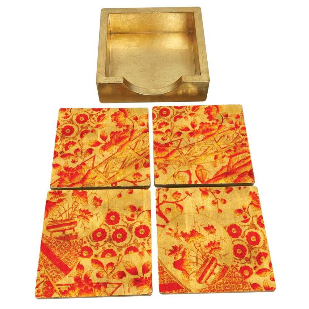 Gilded Porcelain Coral & Gold Coasters  Set Of 4 In Holder