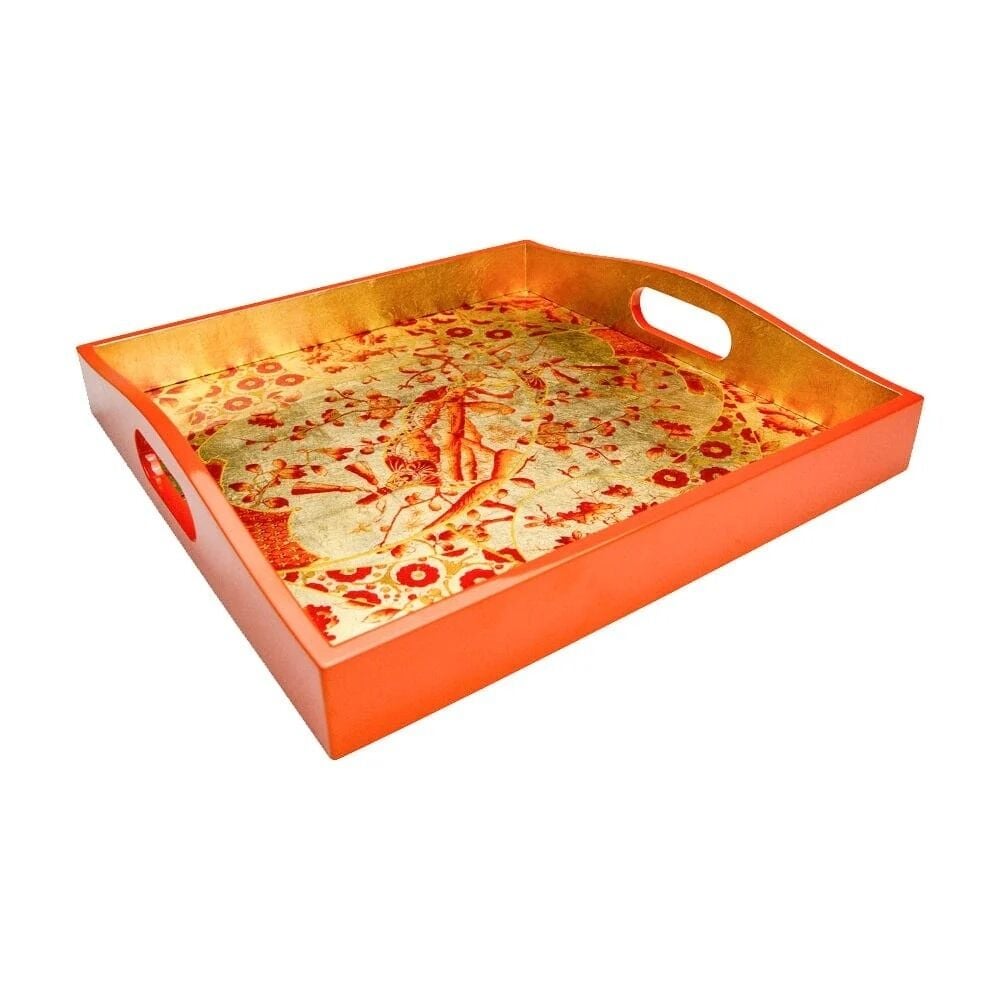 Gilded Porcelain Coral & Gold Lacquer Trays  1 Each