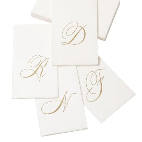 White Pearl & Gold Paper Linen Single Initial Boxed Guest Towel Napkins - 24 Per Package